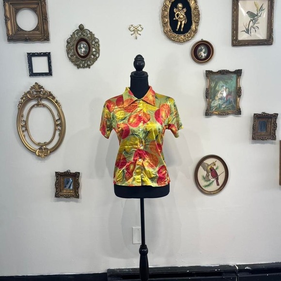 Tops - Vintage Y2k Cheryl Creations Abstract Fruit Print Satin Button-Up Top Size Large